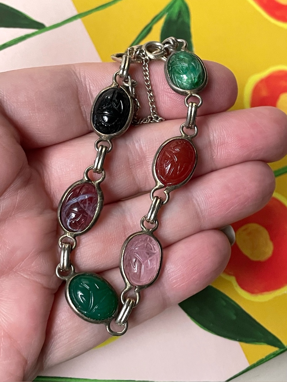 Vintage signed Coro Egyptian Revival scarab bracelet glass boho